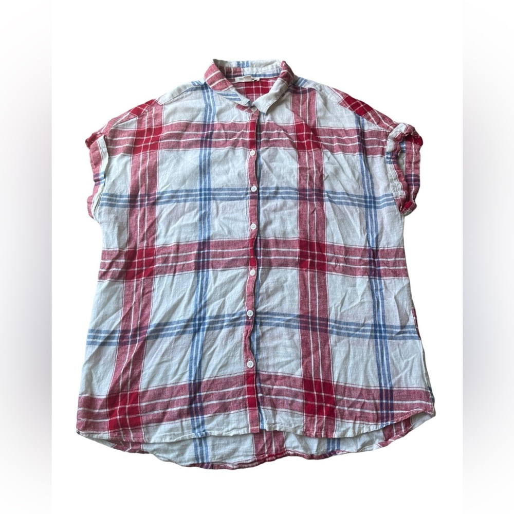 beachlunchlounge Linen Spencer Plaid Top Womens XL Oversized Preppy USA American